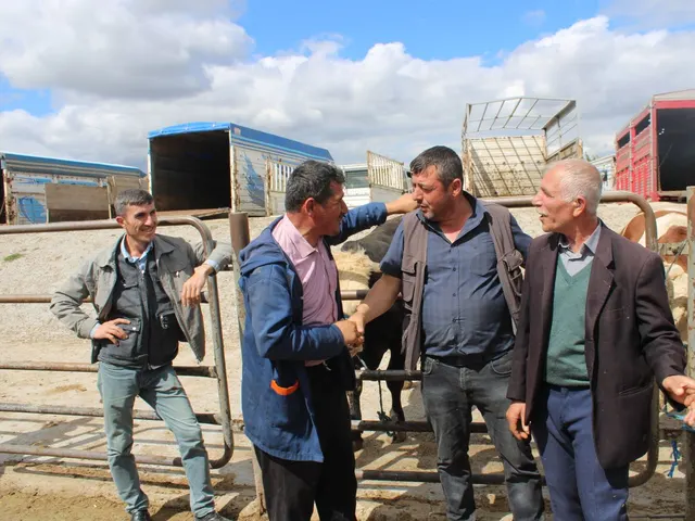 Productores cerrando un trato con un apretón de manos en una feria de ganado