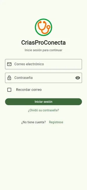 Pantalla de ingreso de la app CriasProConecta