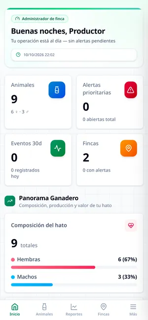 CriasHato en el celular, con los animales y las alertas del día
